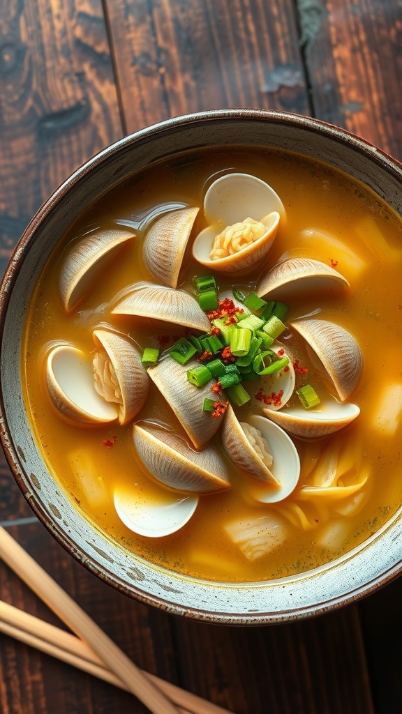 Bowl of clam udon soup with clams, noodles, green onions, and chili flakes on a wooden table.